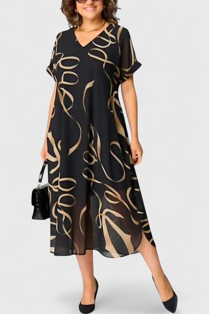 Jillian Vestido Caftán Negro con Estampado Abstracto en Oro y Escote en V