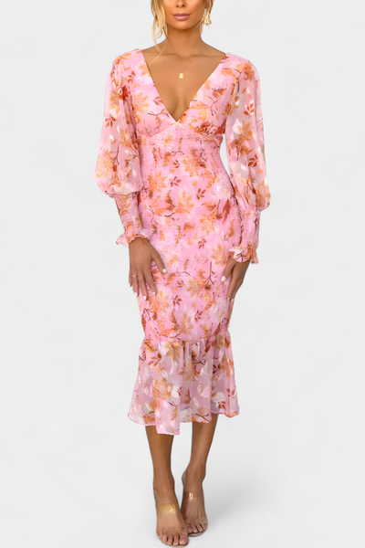 Carly Vestido Midi Floral con Cintura Fruncida y Mangas Vaporosas