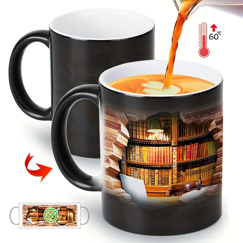 Taza de cerámica mágica con revelado térmico | Estantería encantada para amantes de los libros