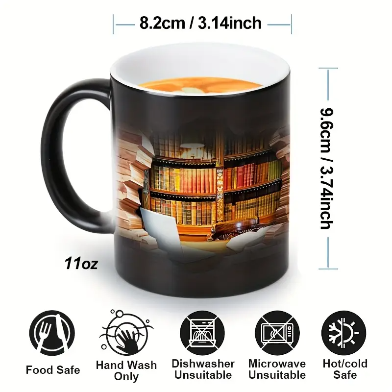 Taza de cerámica mágica con revelado térmico | Estantería encantada para amantes de los libros
