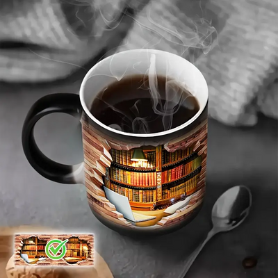 Taza de cerámica mágica con revelado térmico | Estantería encantada para amantes de los libros