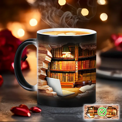Taza de cerámica mágica con revelado térmico | Estantería encantada para amantes de los libros