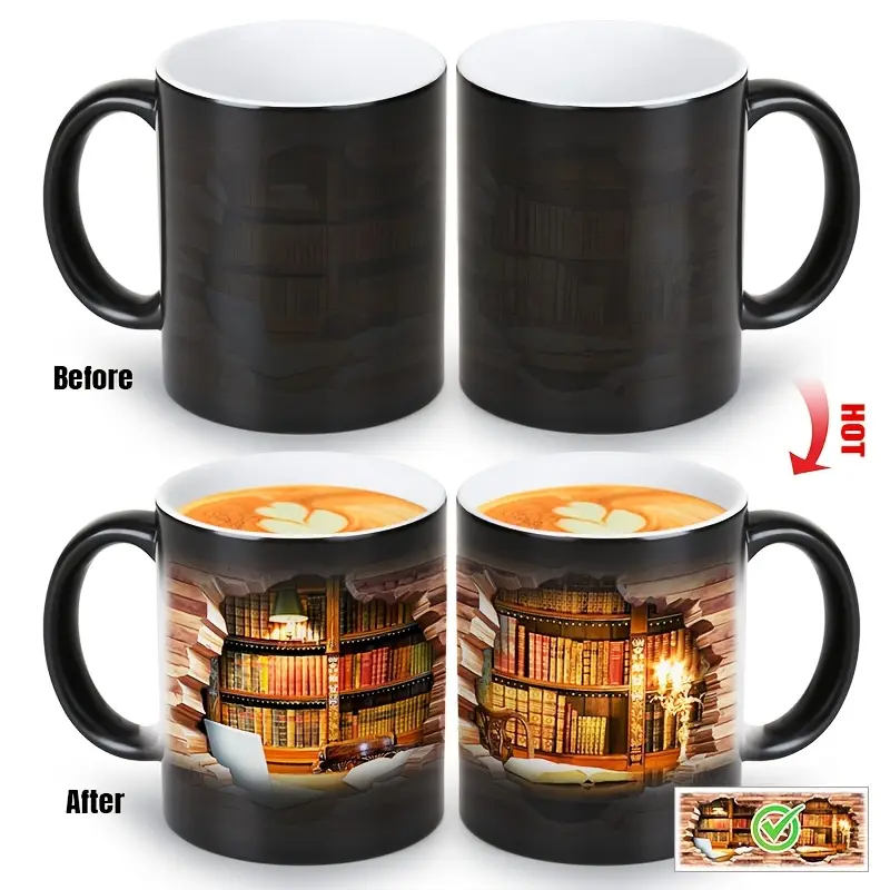Taza de cerámica mágica con revelado térmico | Estantería encantada para amantes de los libros