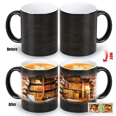 Taza de cerámica mágica con revelado térmico | Estantería encantada para amantes de los libros