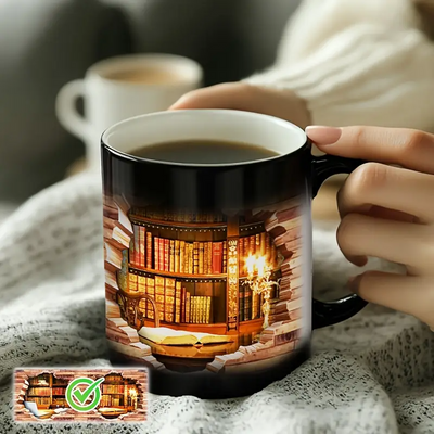 Taza de cerámica mágica con revelado térmico | Estantería encantada para amantes de los libros