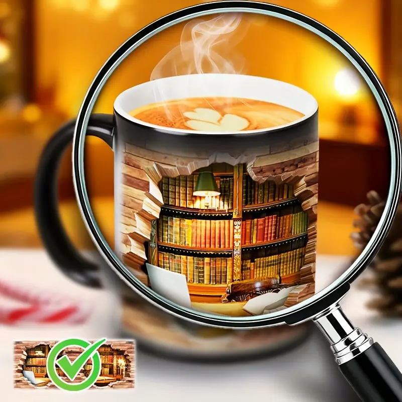 Taza de cerámica mágica con revelado térmico | Estantería encantada para amantes de los libros