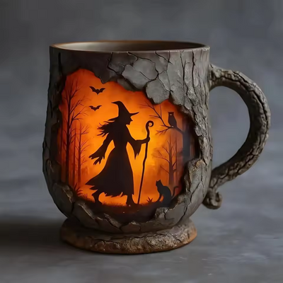 Taza de Halloween 3D Hecha a Mano | Diseño de Bruja y Gato