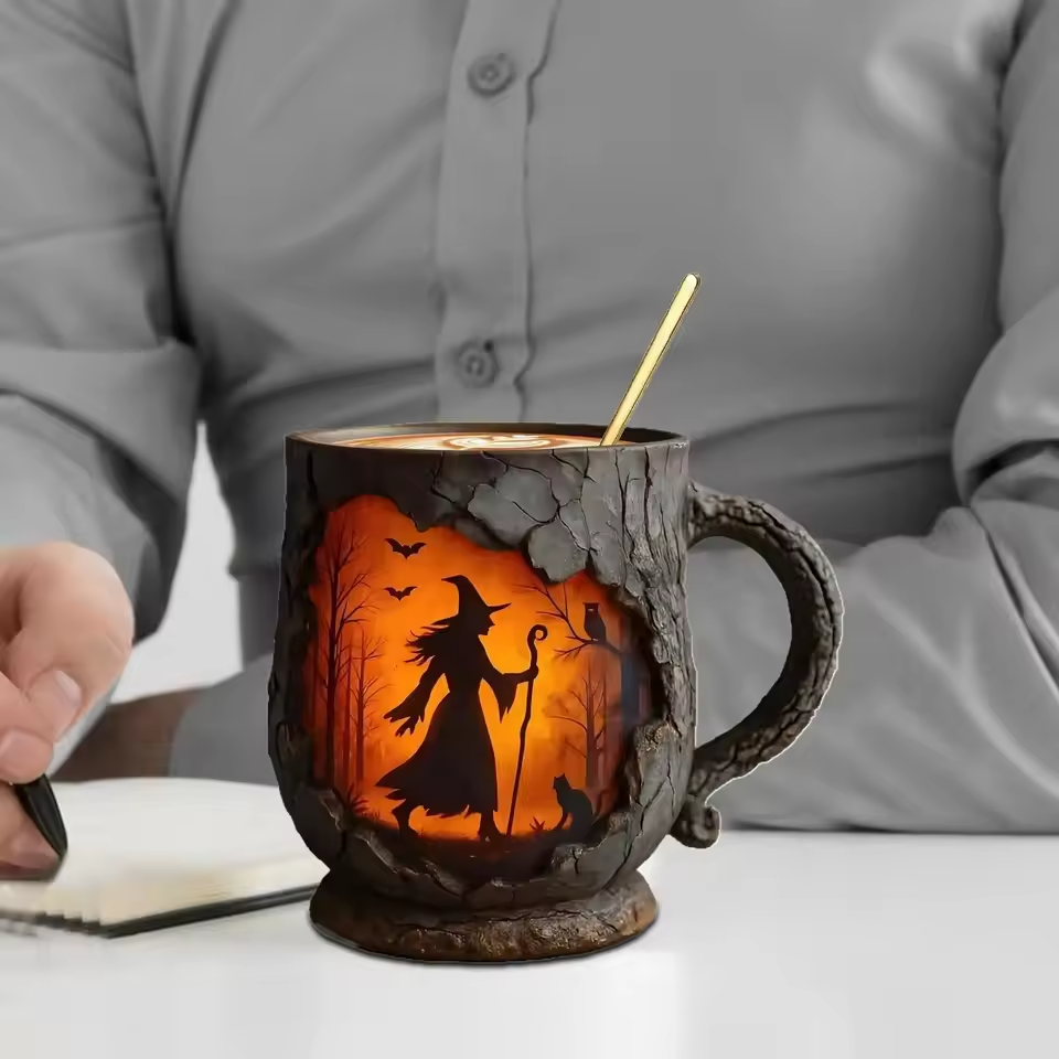 Taza de Halloween 3D Hecha a Mano | Diseño de Bruja y Gato