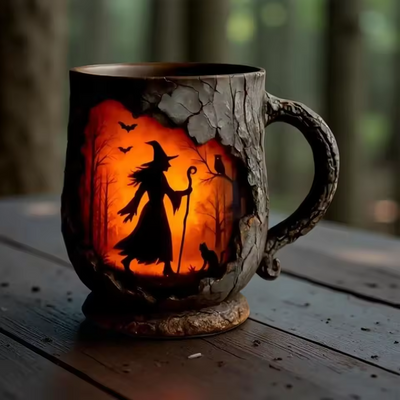 Taza de Halloween 3D Hecha a Mano | Diseño de Bruja y Gato