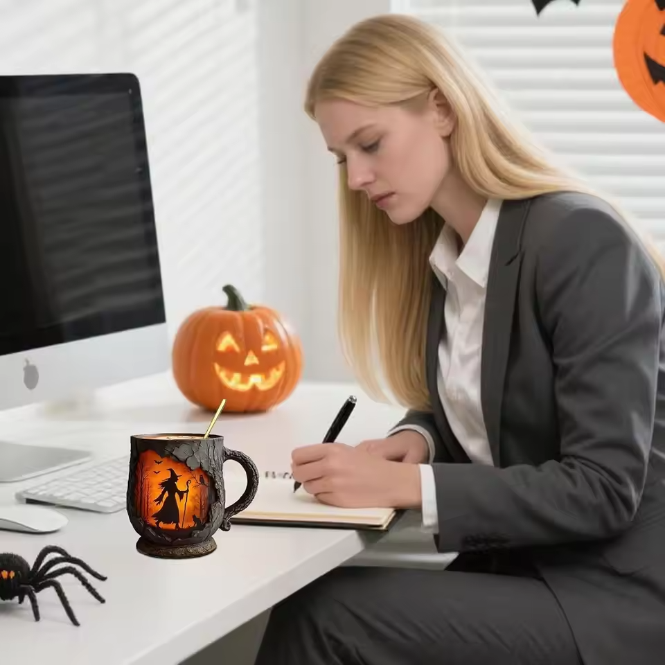Taza de Halloween 3D Hecha a Mano | Diseño de Bruja y Gato