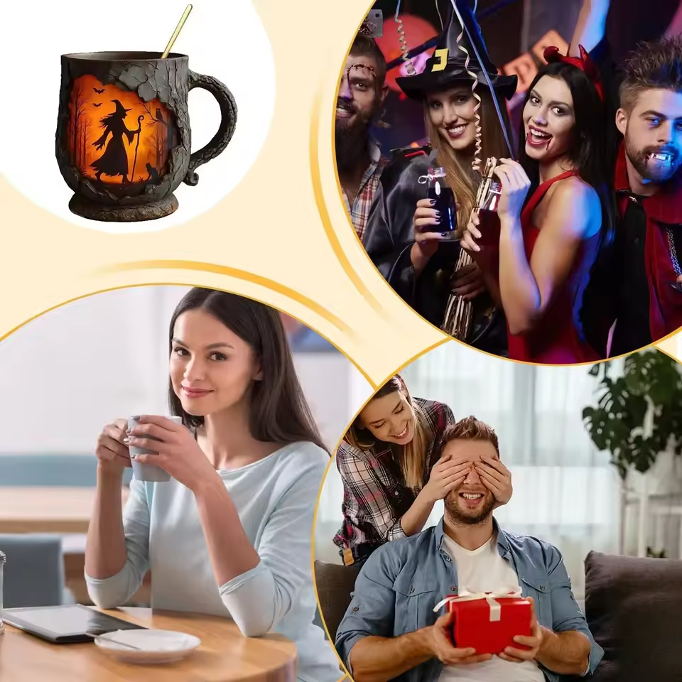 Taza de Halloween 3D Hecha a Mano | Diseño de Bruja y Gato