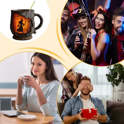 Taza de Halloween 3D Hecha a Mano | Diseño de Bruja y Gato