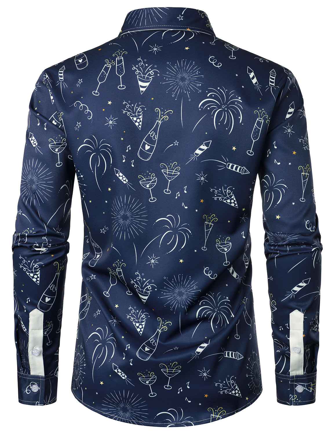Camisa de hombre de fuegos artificiales para vacaciones y fiesta de Año Nuevo con botones y manga larga azul