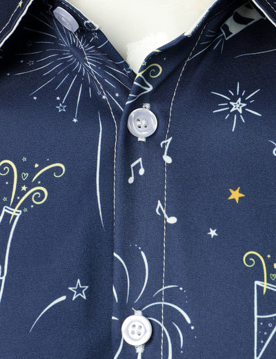 Camisa de hombre de fuegos artificiales para vacaciones y fiesta de Año Nuevo con botones y manga larga azul