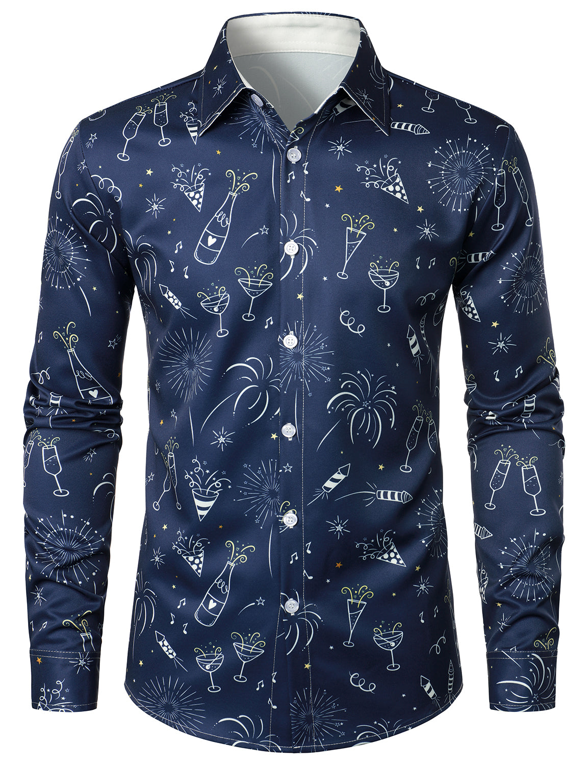 Camisa de hombre de fuegos artificiales para vacaciones y fiesta de Año Nuevo con botones y manga larga azul