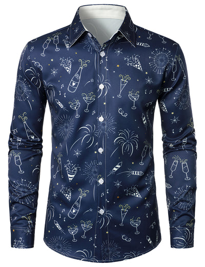 Camisa de hombre de fuegos artificiales para vacaciones y fiesta de Año Nuevo con botones y manga larga azul
