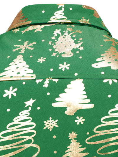 Camisa de manga larga para hombre con estampado navideño en oro y ajuste regular en verde