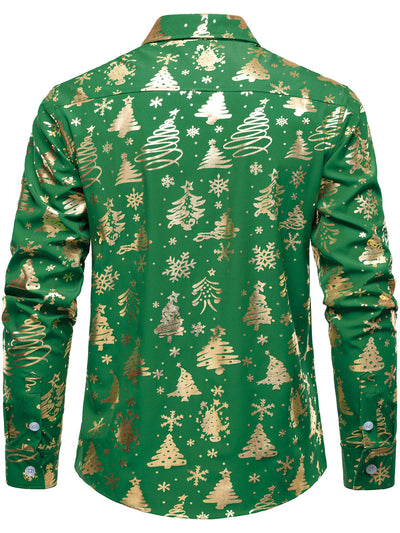 Camisa de manga larga para hombre con estampado navideño en oro y ajuste regular en verde