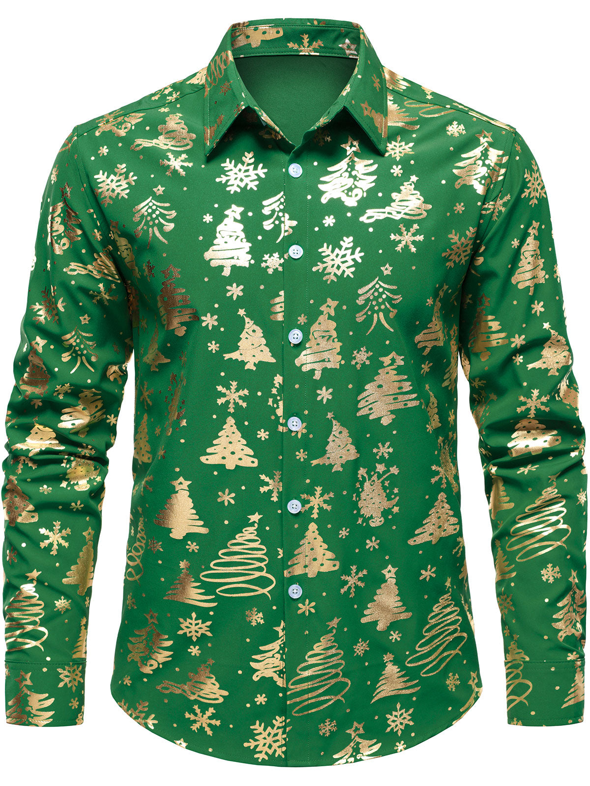 Camisa de manga larga para hombre con estampado navideño en oro y ajuste regular en verde