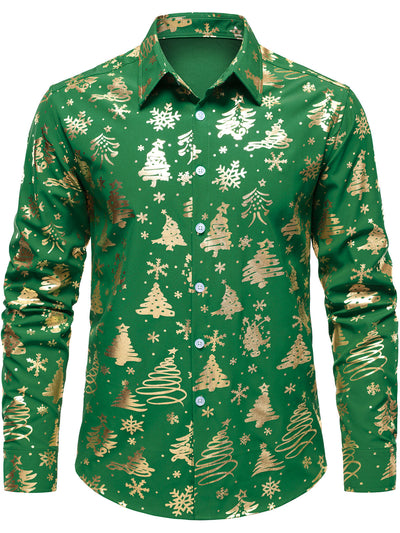 Camisa de manga larga para hombre con estampado navideño en oro y ajuste regular en verde