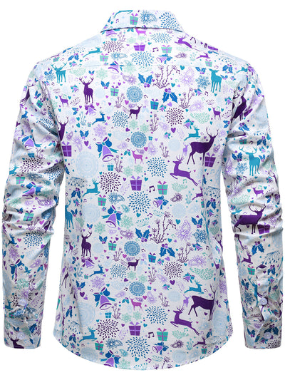 Camisa de manga larga blanca de Navidad con print festivo de reno para hombre