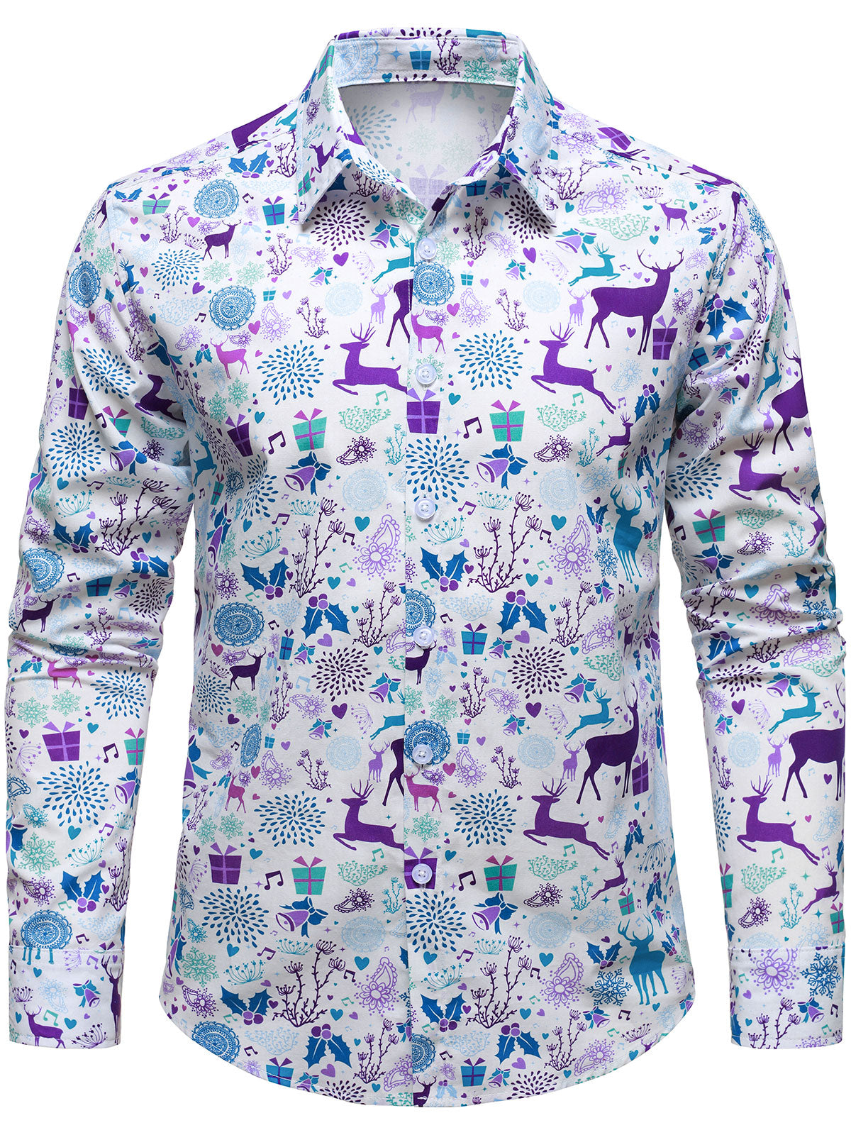 Camisa de manga larga blanca de Navidad con print festivo de reno para hombre