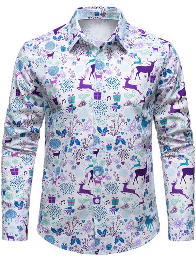 Camisa de manga larga blanca de Navidad con print festivo de reno para hombre