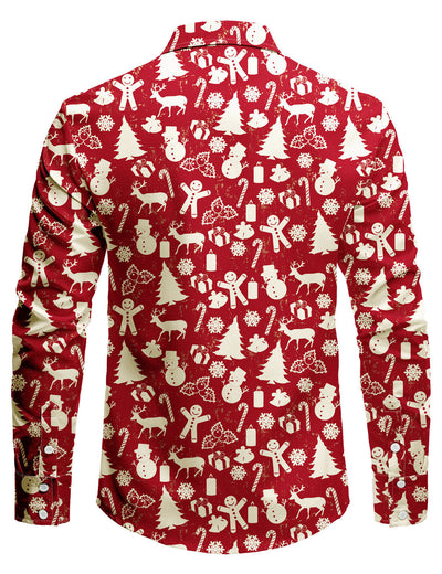 Camisa de manga larga festiva con estampado de reno rojo para hombre