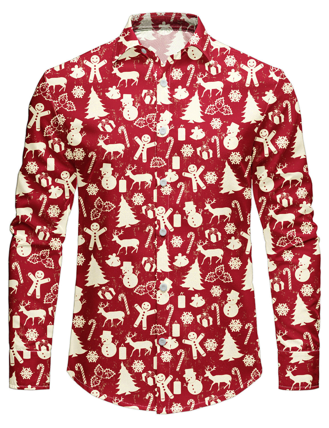 Camisa de manga larga festiva con estampado de reno rojo para hombre