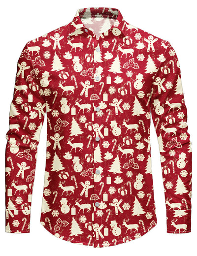 Camisa de manga larga festiva con estampado de reno rojo para hombre