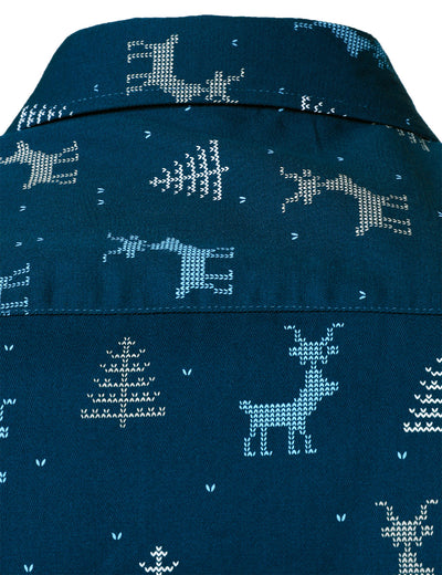 Camisa de manga larga para hombre con estampado de ciervo navideño y diseño transpirable en azul marino