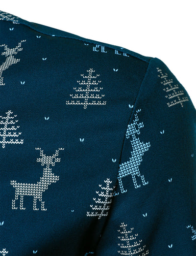 Camisa de manga larga para hombre con estampado de ciervo navideño y diseño transpirable en azul marino