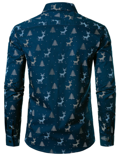 Camisa de manga larga para hombre con estampado de ciervo navideño y diseño transpirable en azul marino