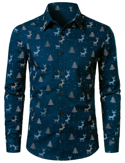 Camisa de manga larga para hombre con estampado de ciervo navideño y diseño transpirable en azul marino