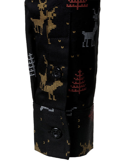 Camisa de manga larga para hombre con estampado de alce y árbol de Navidad, transpirable, negra