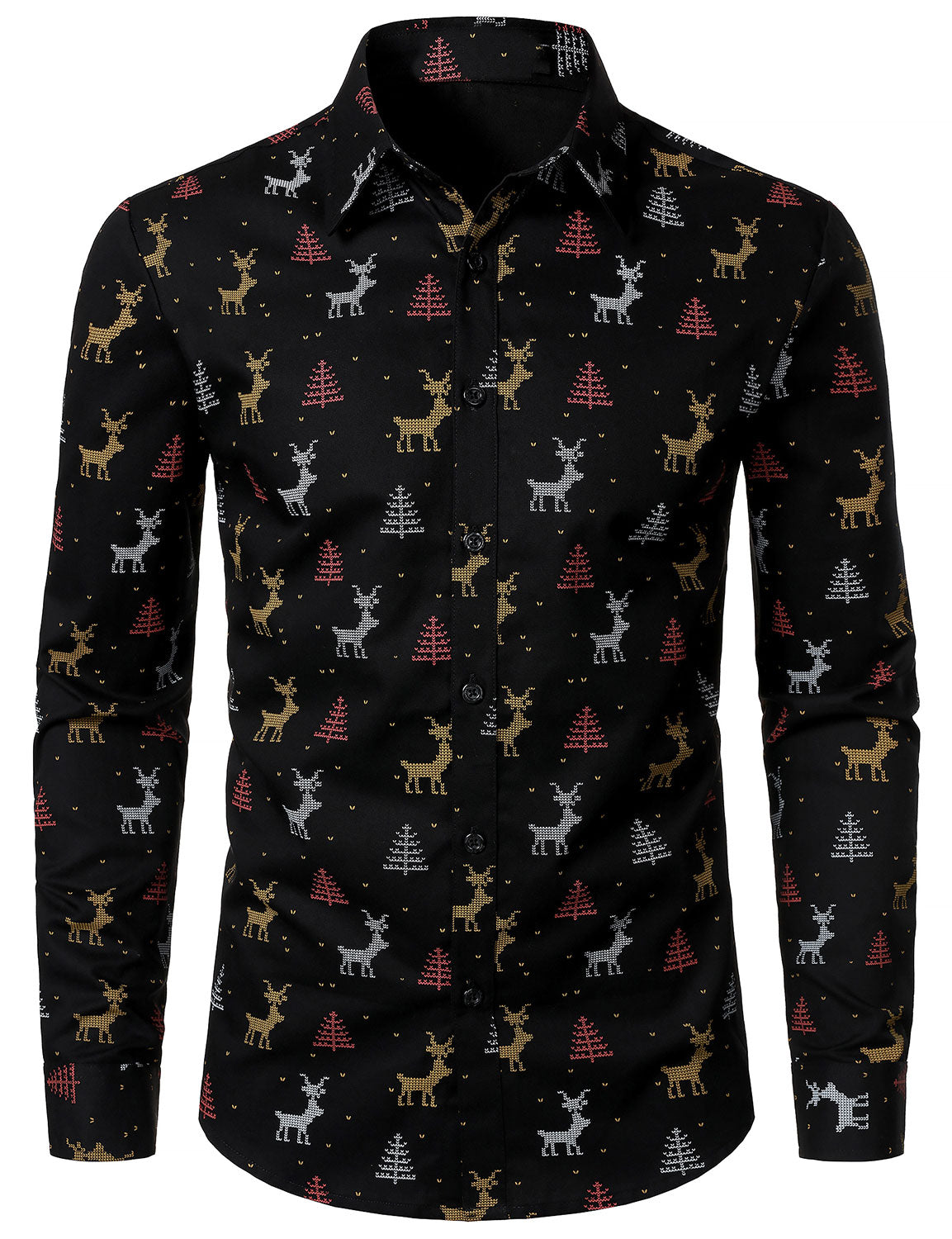 Camisa de manga larga para hombre con estampado de alce y árbol de Navidad, transpirable, negra