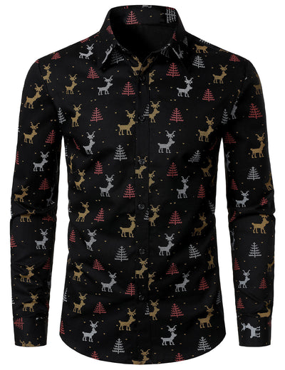 Camisa de manga larga para hombre con estampado de alce y árbol de Navidad, transpirable, negra