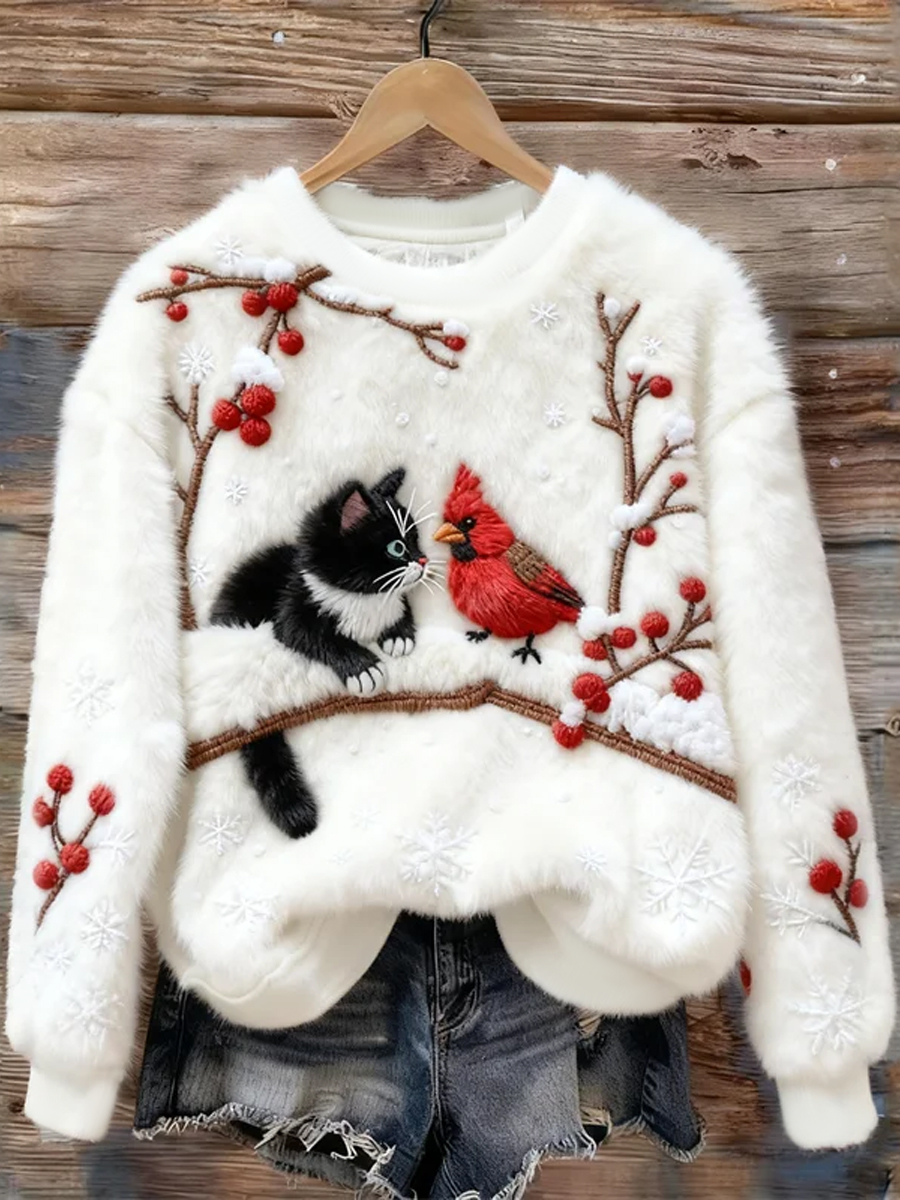 Sudadera de felpa de arte de gatos dulces navideños para mujeres