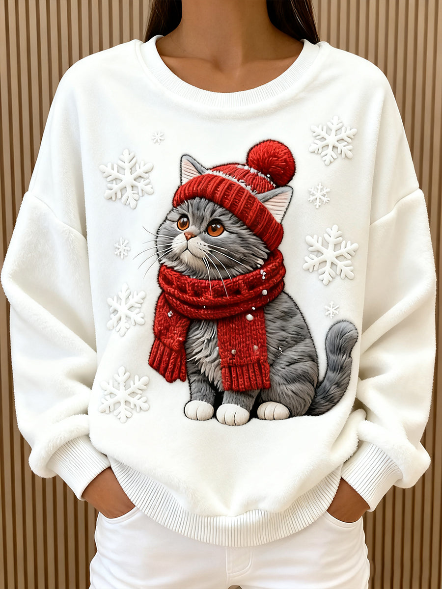 Sudadera con capucha de franela casual con impresión artística de un gato navideño para mujer