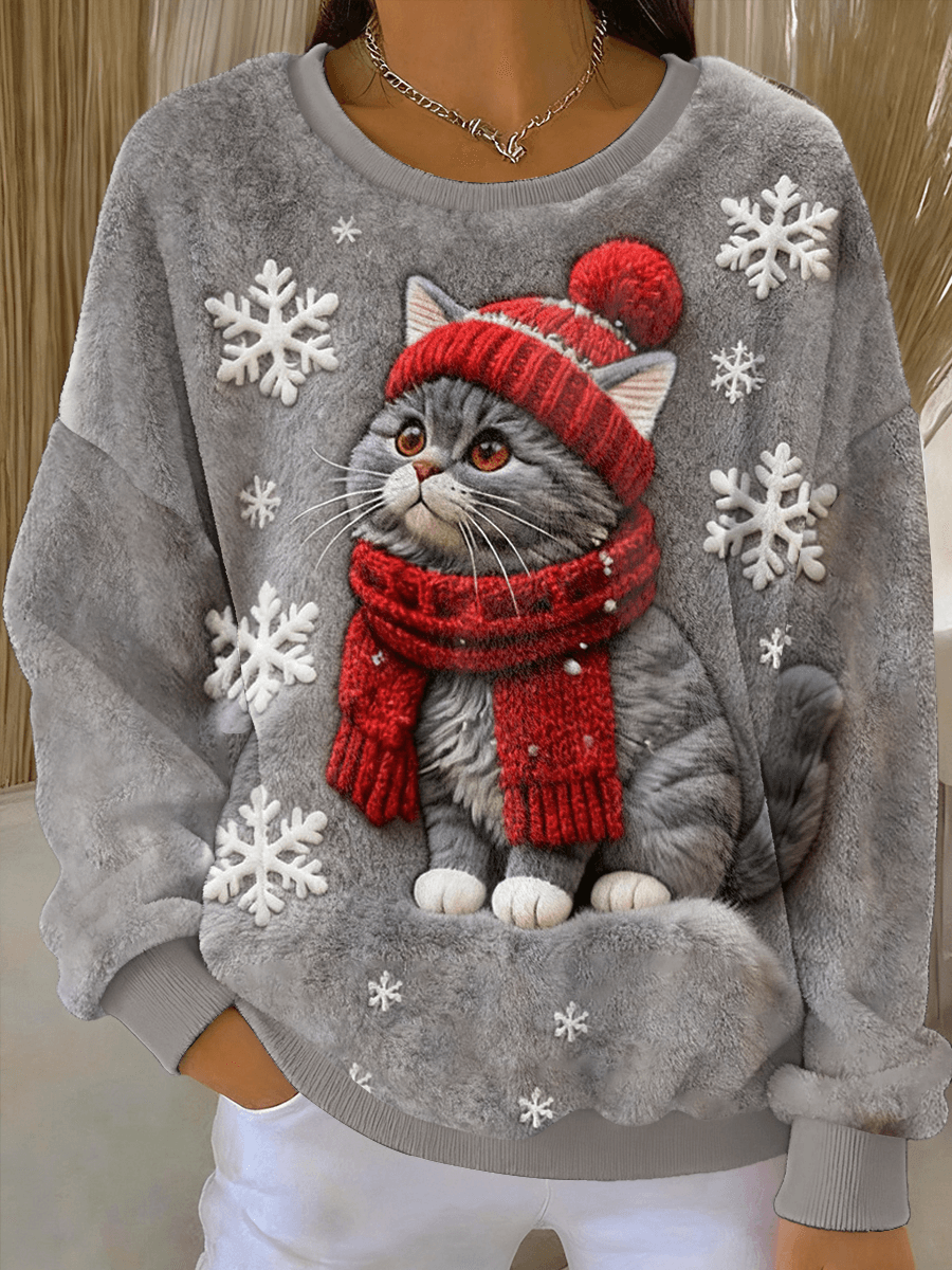 Sudadera con capucha de franela casual con impresión artística de un gato navideño para mujer