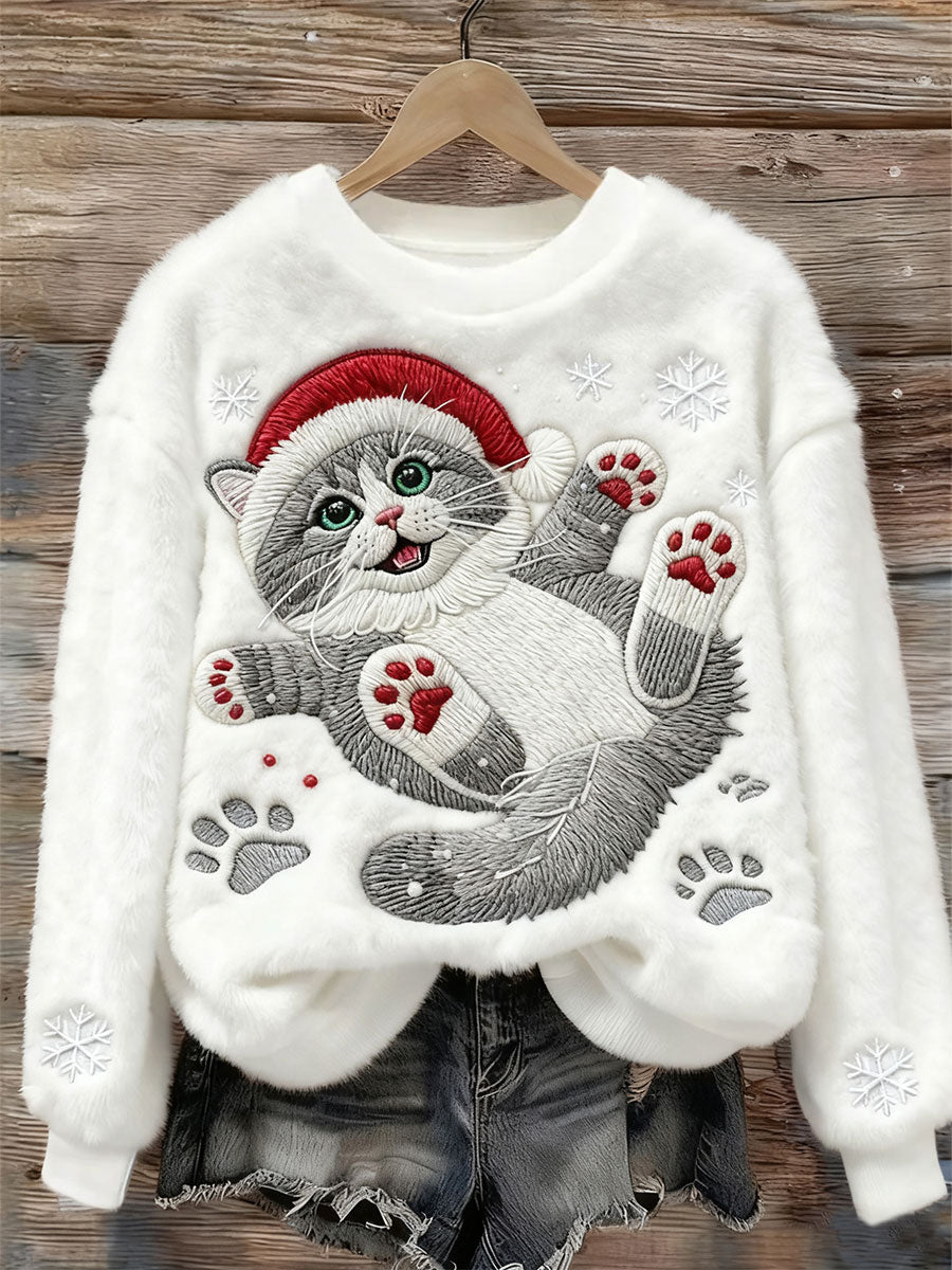 Sudadera casual de franela con impresión artística de un lindo gato navideño para mujer