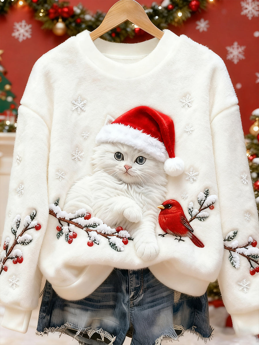 Sudadera informal de franela con impresión artística de Gato Navideño para dama