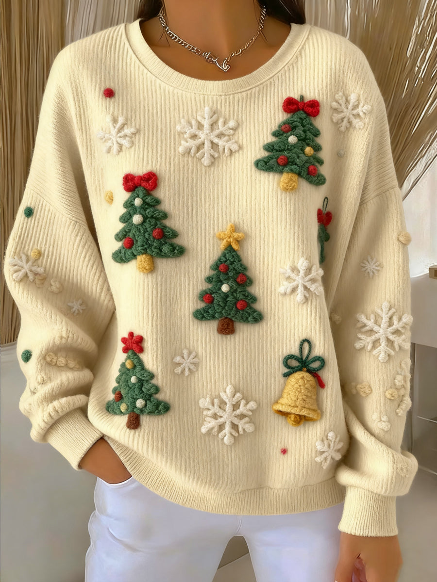 Suéter casual de cuello redondo vintage para mujer de árbol de Navidad