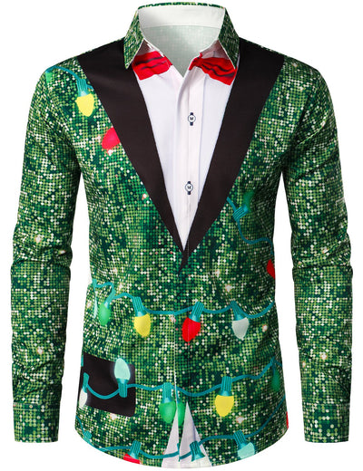 Camisa de hombre con temática navideña divertida para árbol de Navidad, camiseta de vacaciones en color verde, con botones y mangas largas