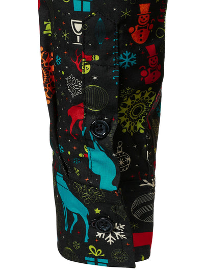 Camisa de manga larga divertida de renos navideños y copos de nieve para hombres