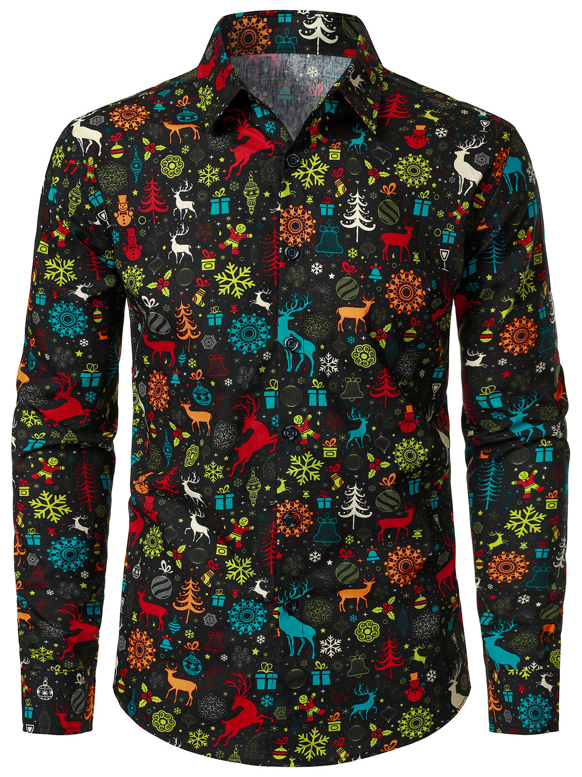 Camisa de manga larga divertida de renos navideños y copos de nieve para hombres