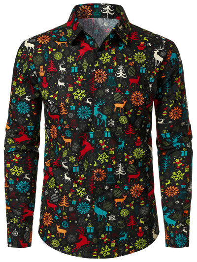 Camisa de manga larga divertida de renos navideños y copos de nieve para hombres