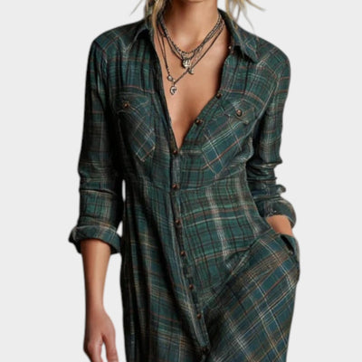 Calipso™ | Vestido largo camisero de cuadros verdes