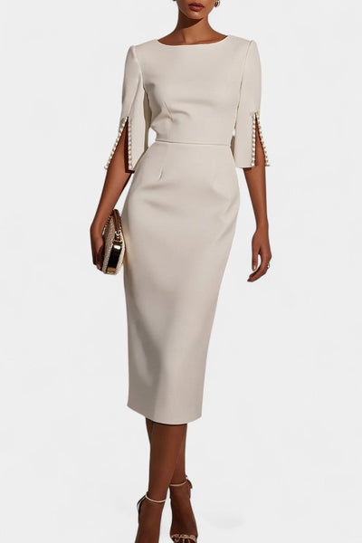 Reece Vestido Midi con Perlas y Cuello Redondo