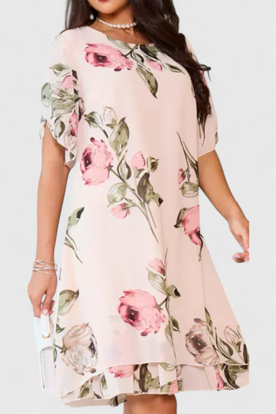 Tameka Vestido de Gasa Fluida con Pétalos y Mangas Transparentes